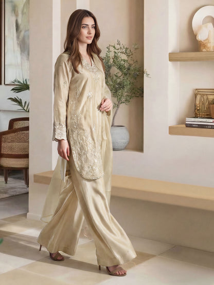 3 Piece Oak Silk Suit- Embroidered (Pret)