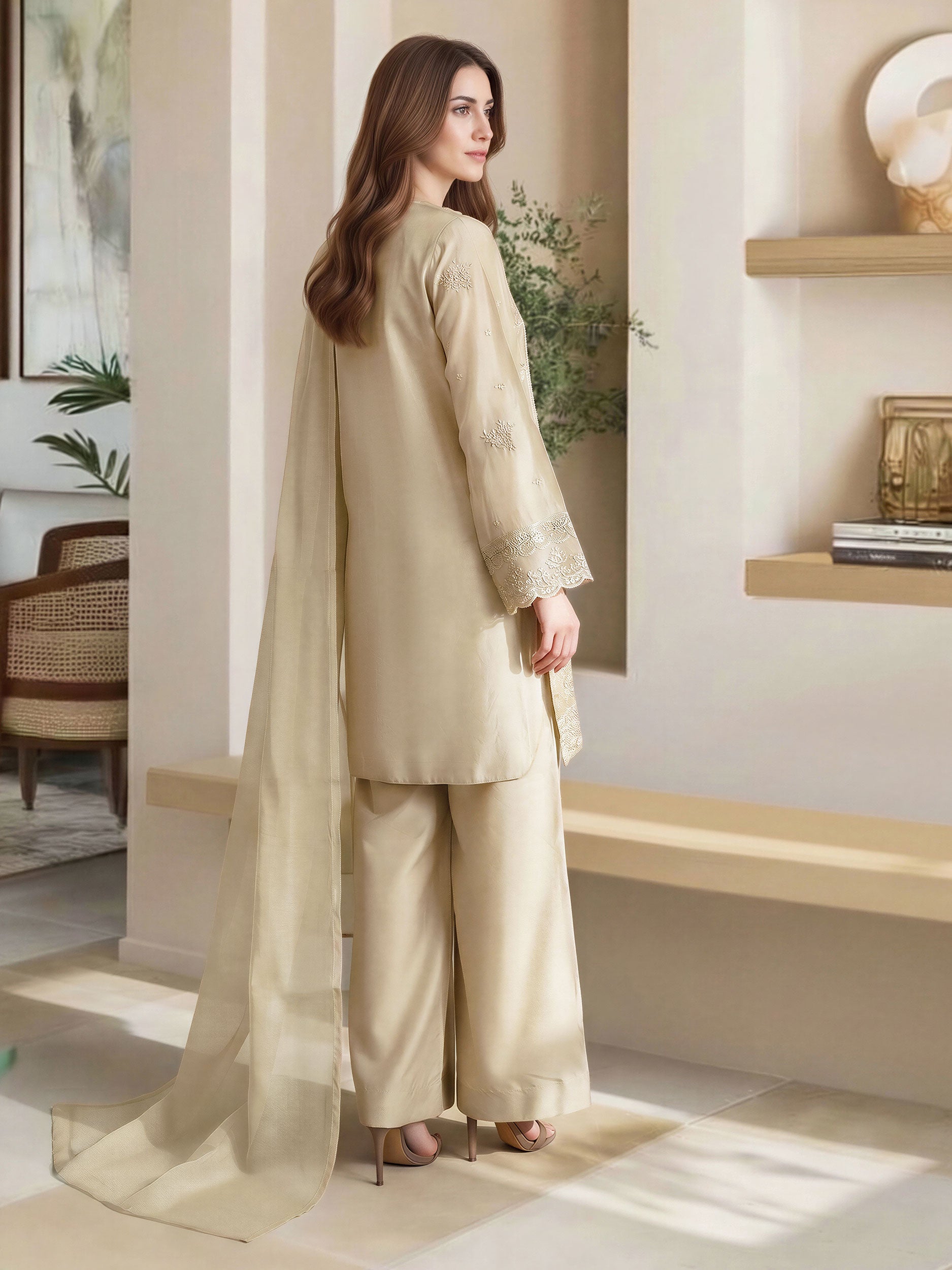 3 Piece Oak Silk Suit- Embroidered (Pret)