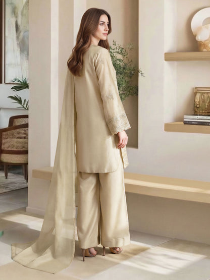 3 Piece Oak Silk Suit- Embroidered (Pret)