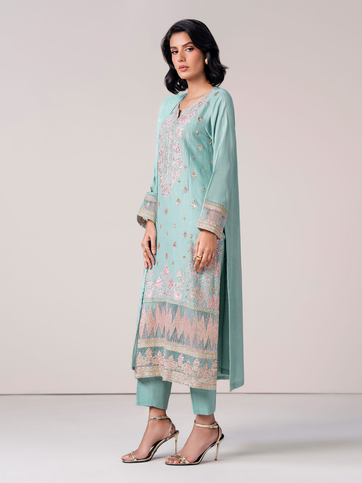 3 Piece Zari Karandi Suit- Embroidered (Pret)