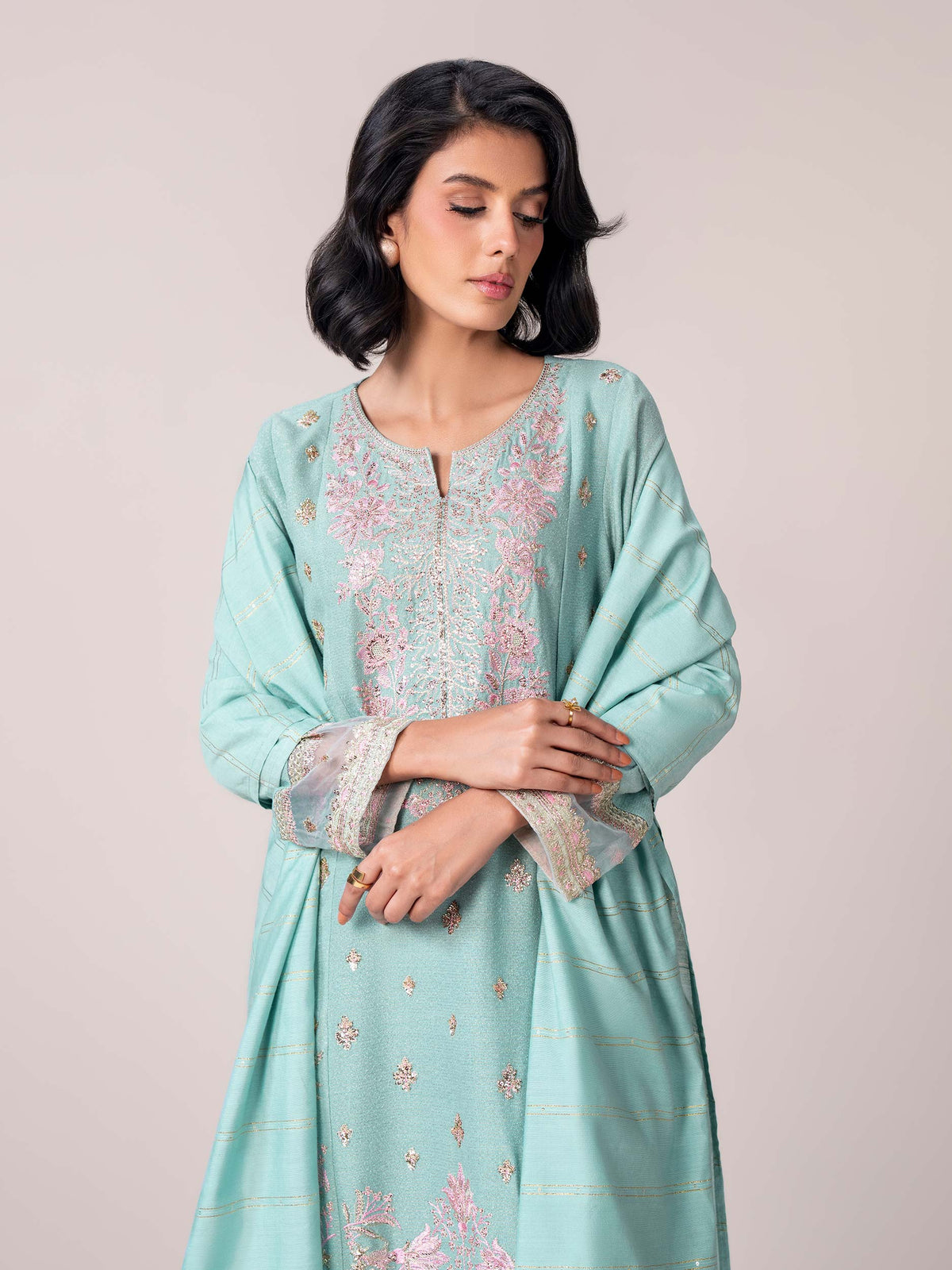 3 Piece Zari Karandi Suit- Embroidered (Pret)