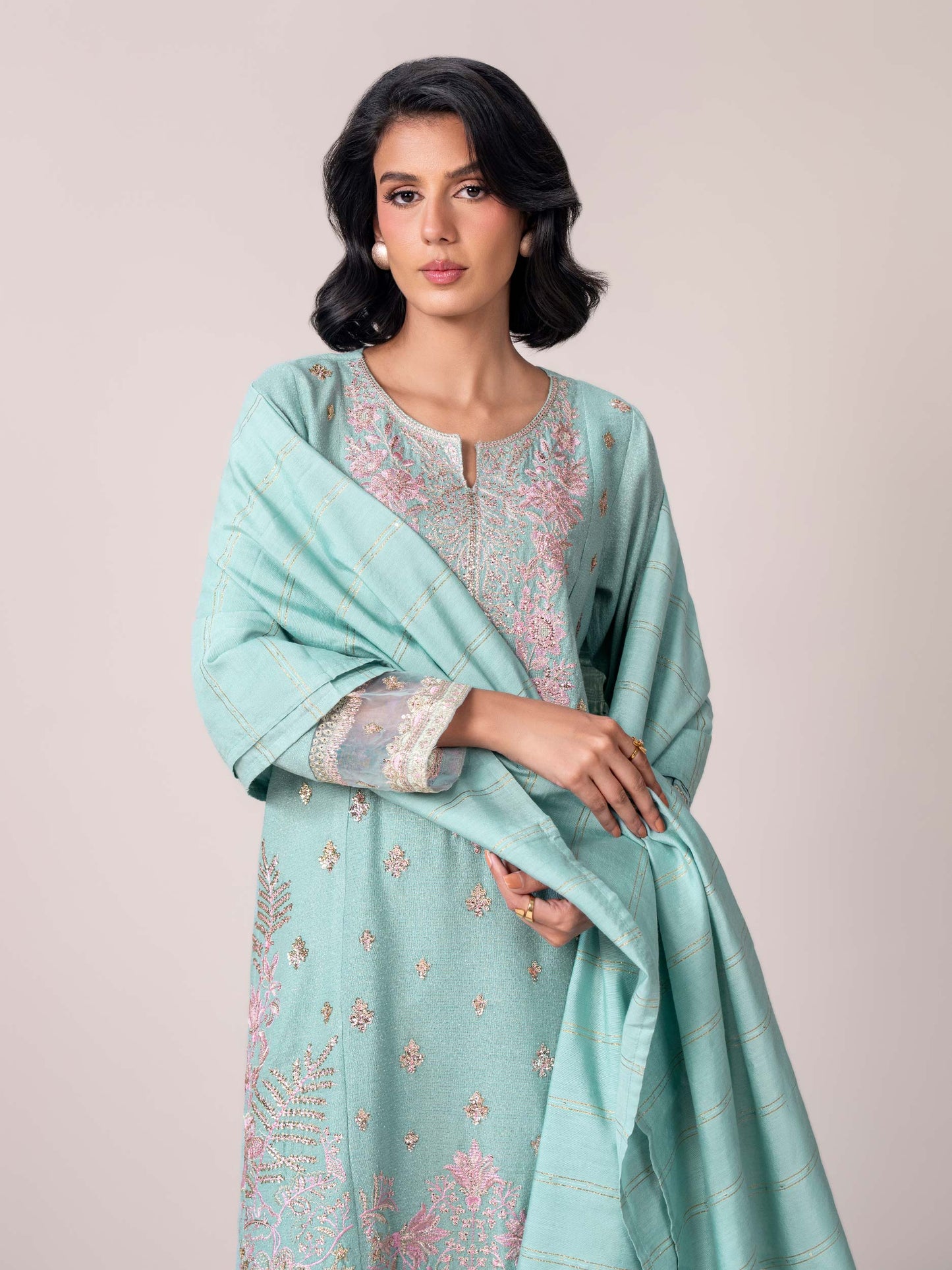3 Piece Zari Karandi Suit- Embroidered (Pret)