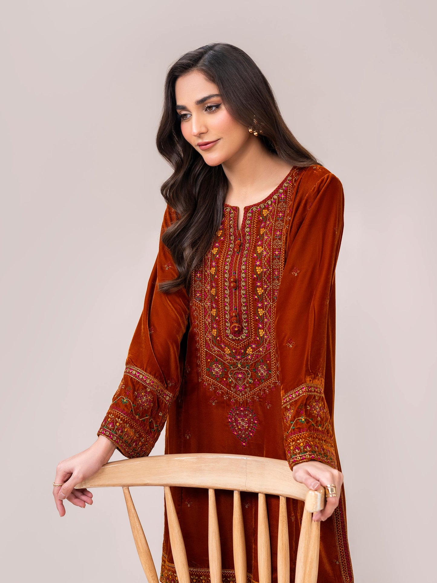 2-Piece Velvet Suit- Embroidered (Pret)