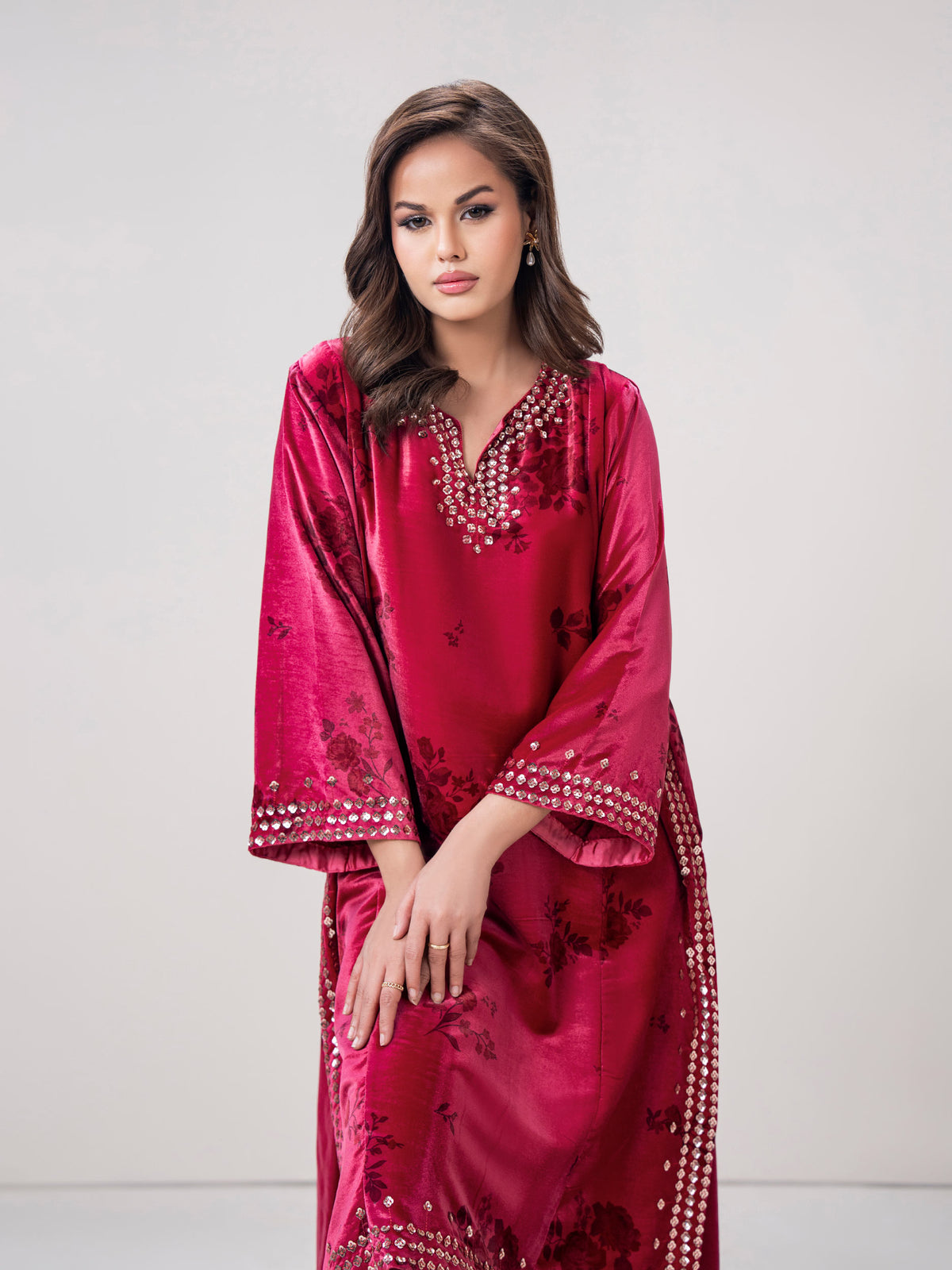 2-Piece Velvet Suit- Embroidered (Pret)