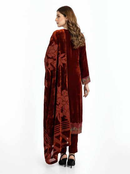 3 Piece Velvet Suit- Embroidered (Pret)