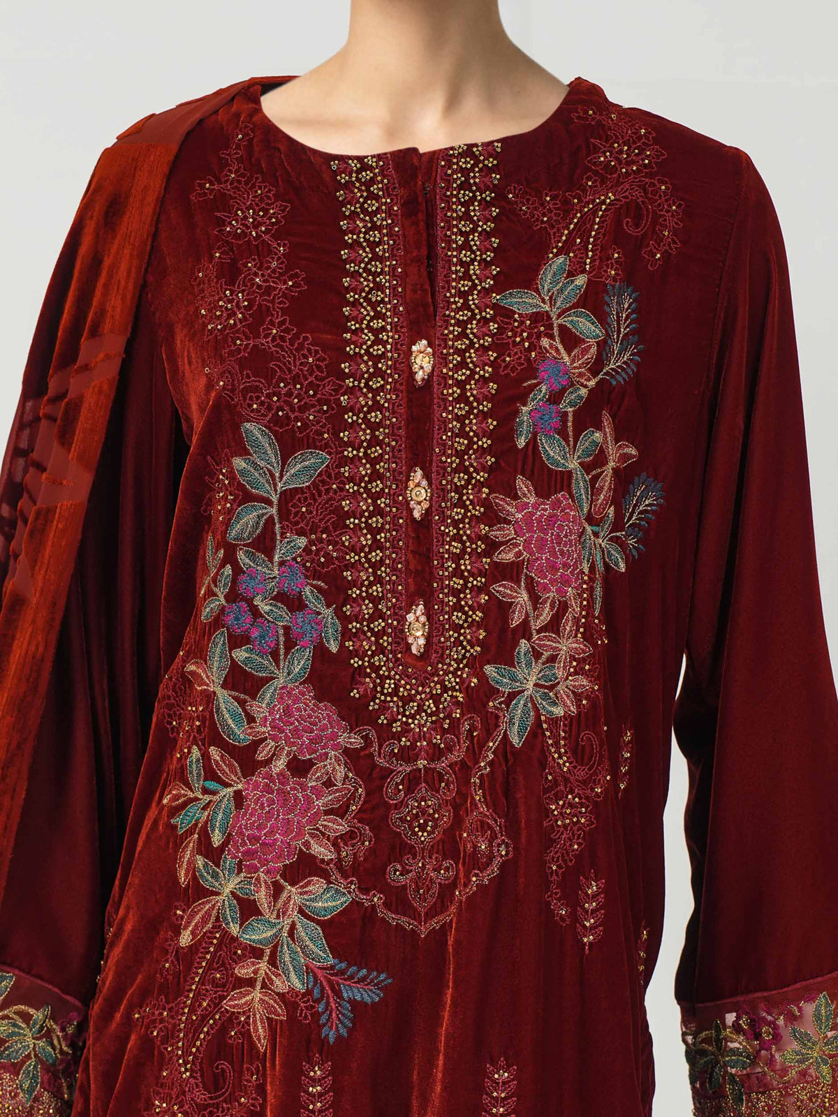3 Piece Velvet Suit- Embroidered (Pret)