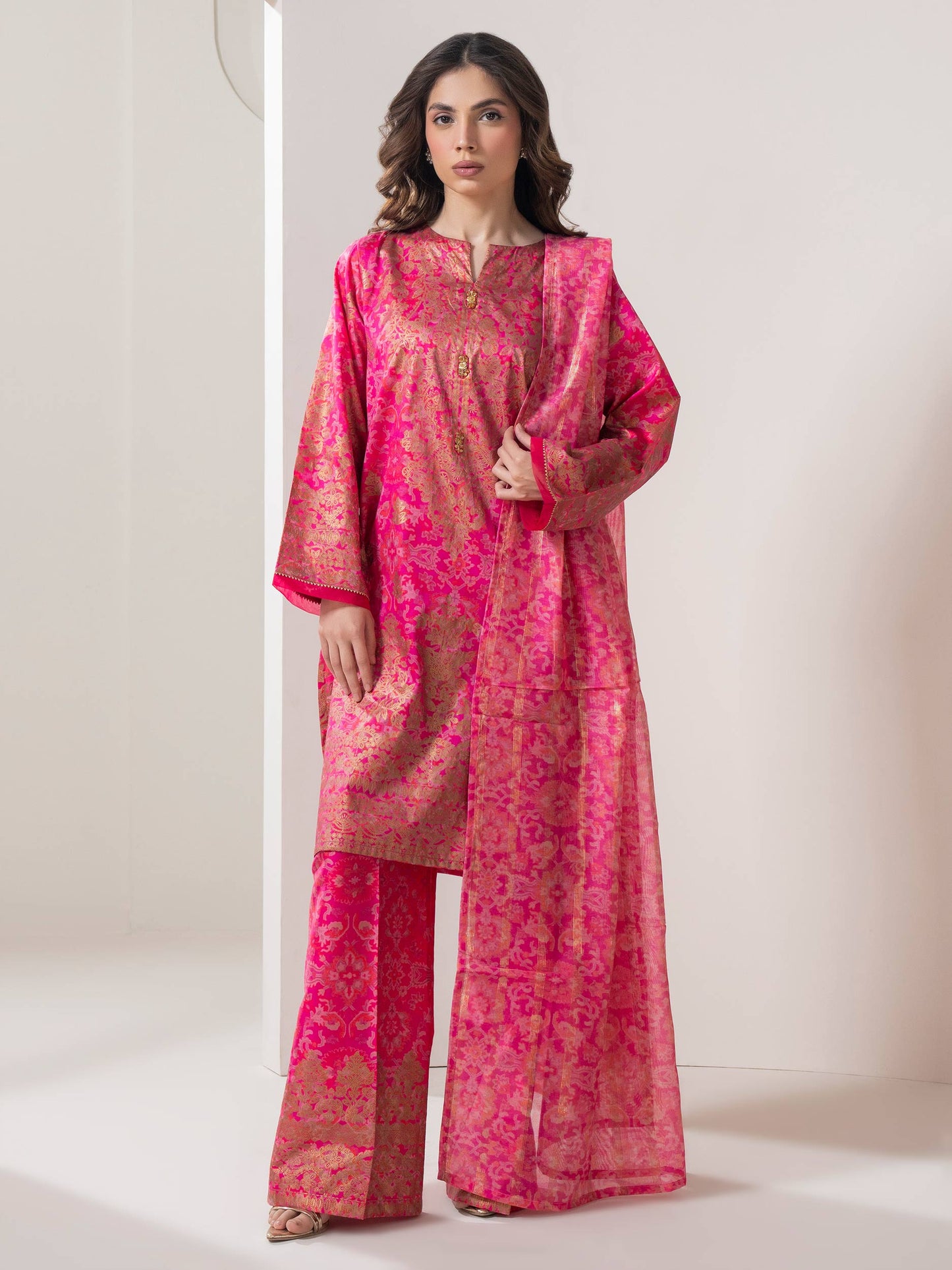 3 Piece Satin Suit-Paste Print (Pret)