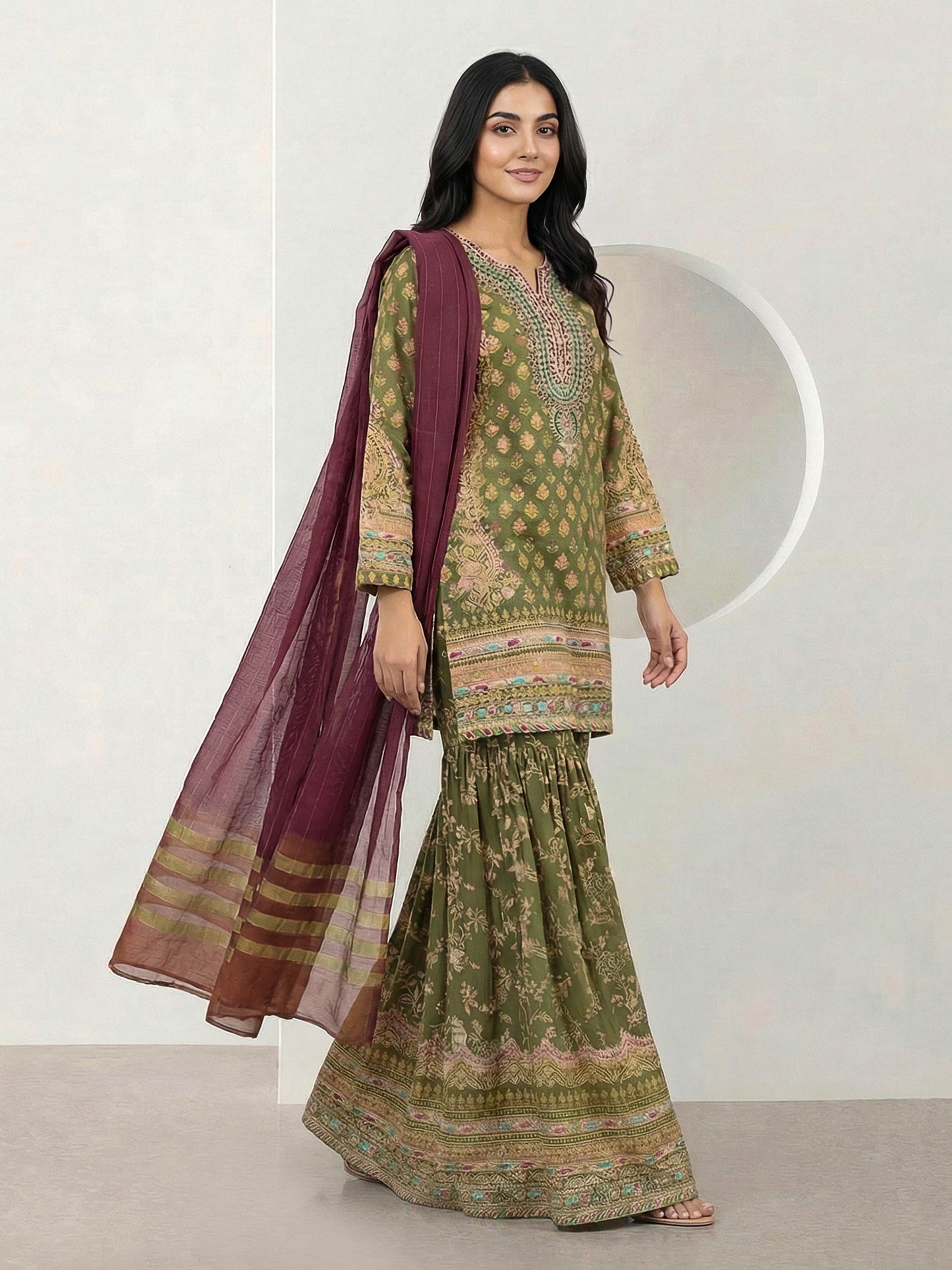 3 Piece Satin Suit- Embroidered (Pret)