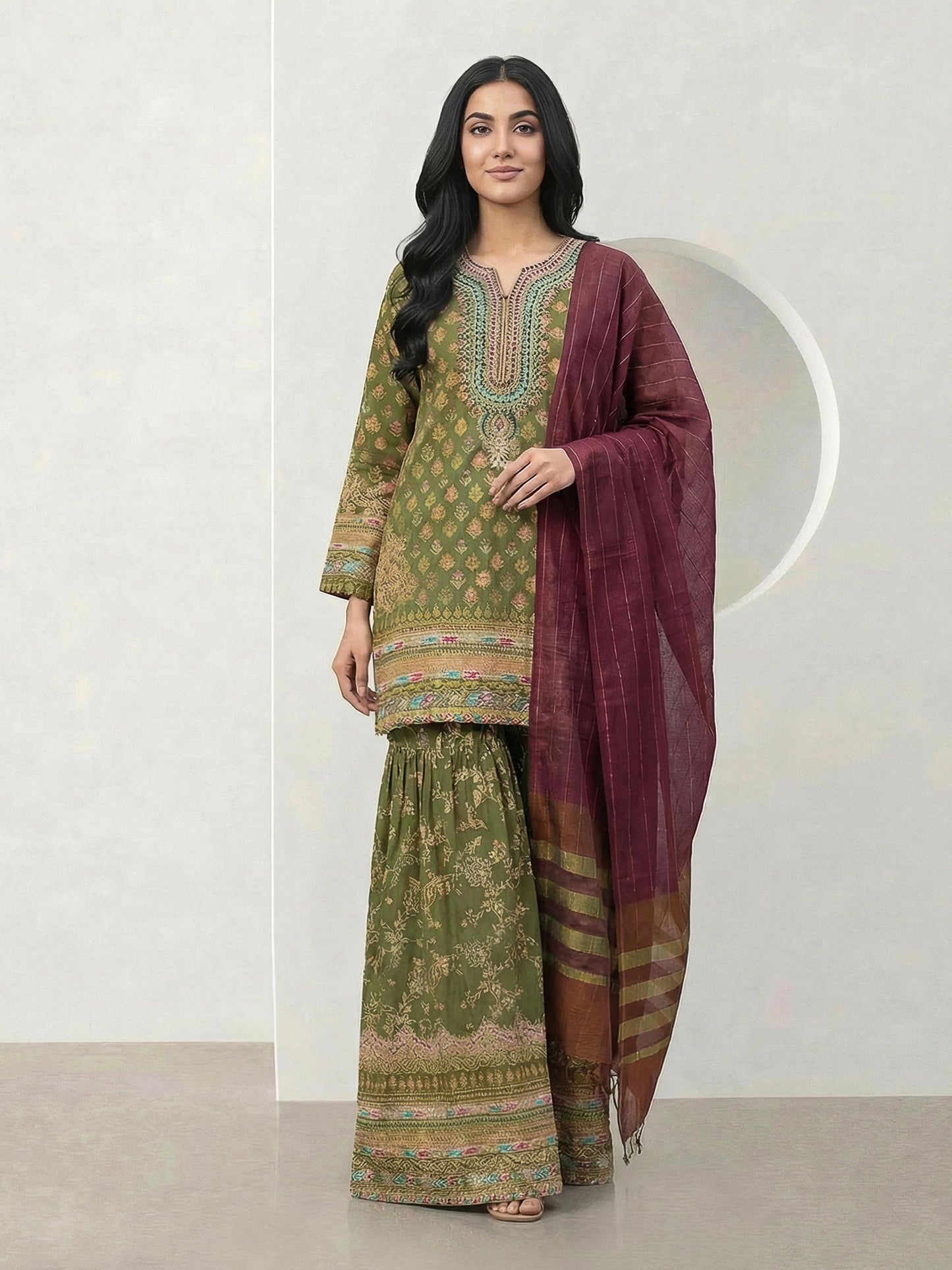 3 Piece Satin Suit- Embroidered (Pret)