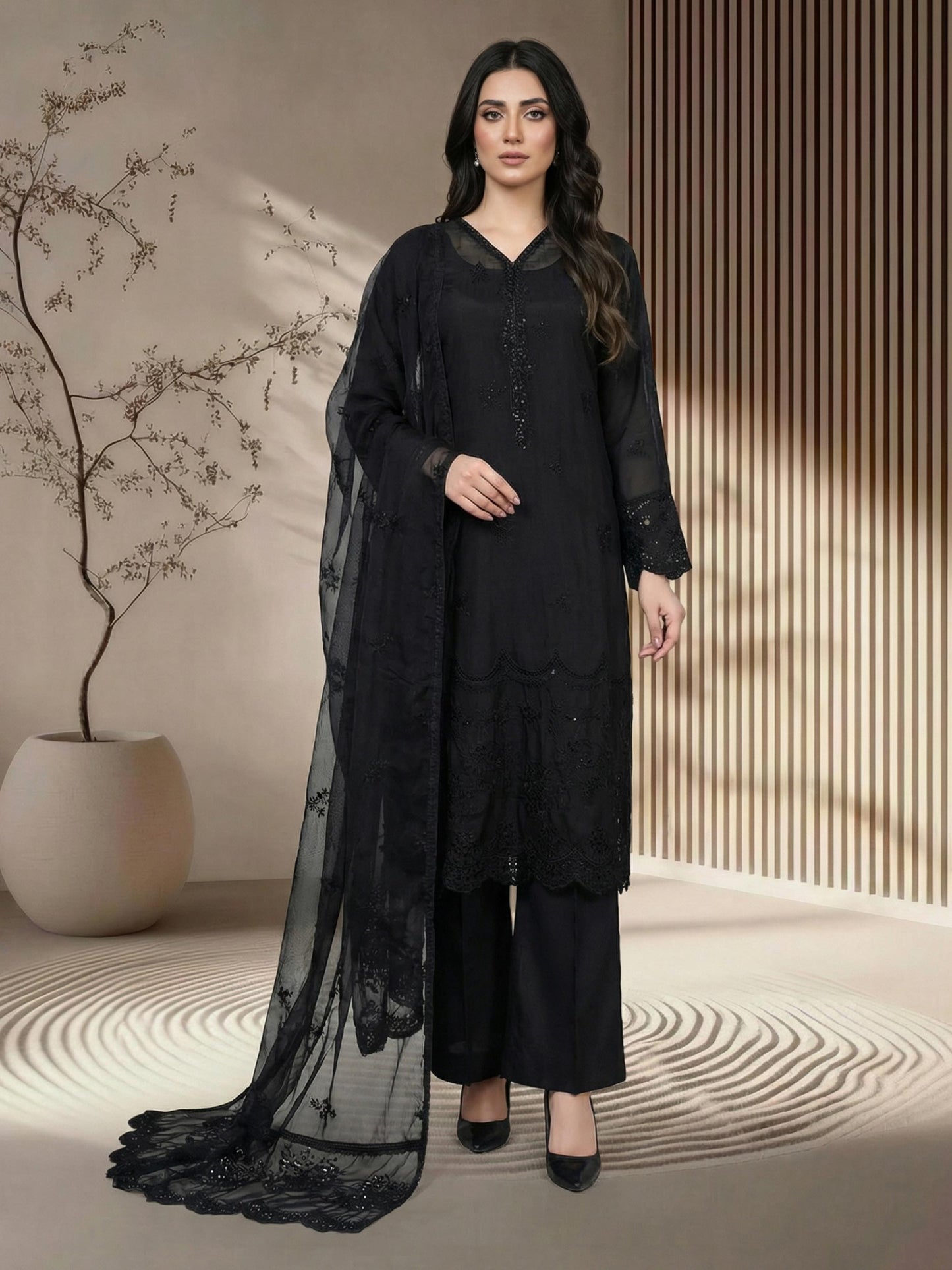 3 Piece Raw Silk Suit- Embroidered (Pret)