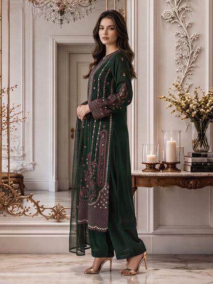 3 Piece Velvet Suit- Embroidered (Pret)