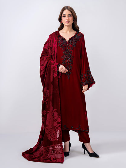 3 Piece Velvet Suit- Embroidered (Pret)