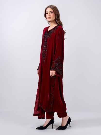 3 Piece Velvet Suit- Embroidered (Pret)
