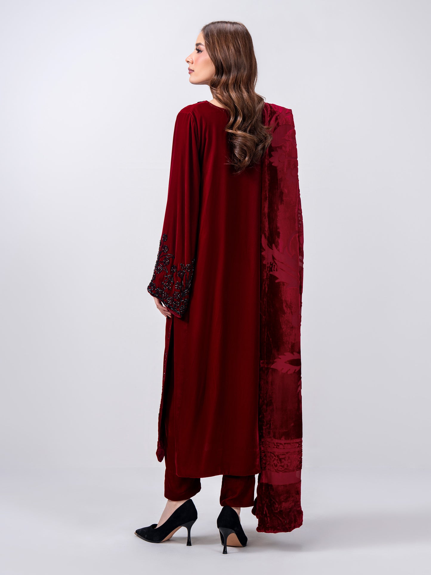 3 Piece Velvet Suit- Embroidered (Pret)