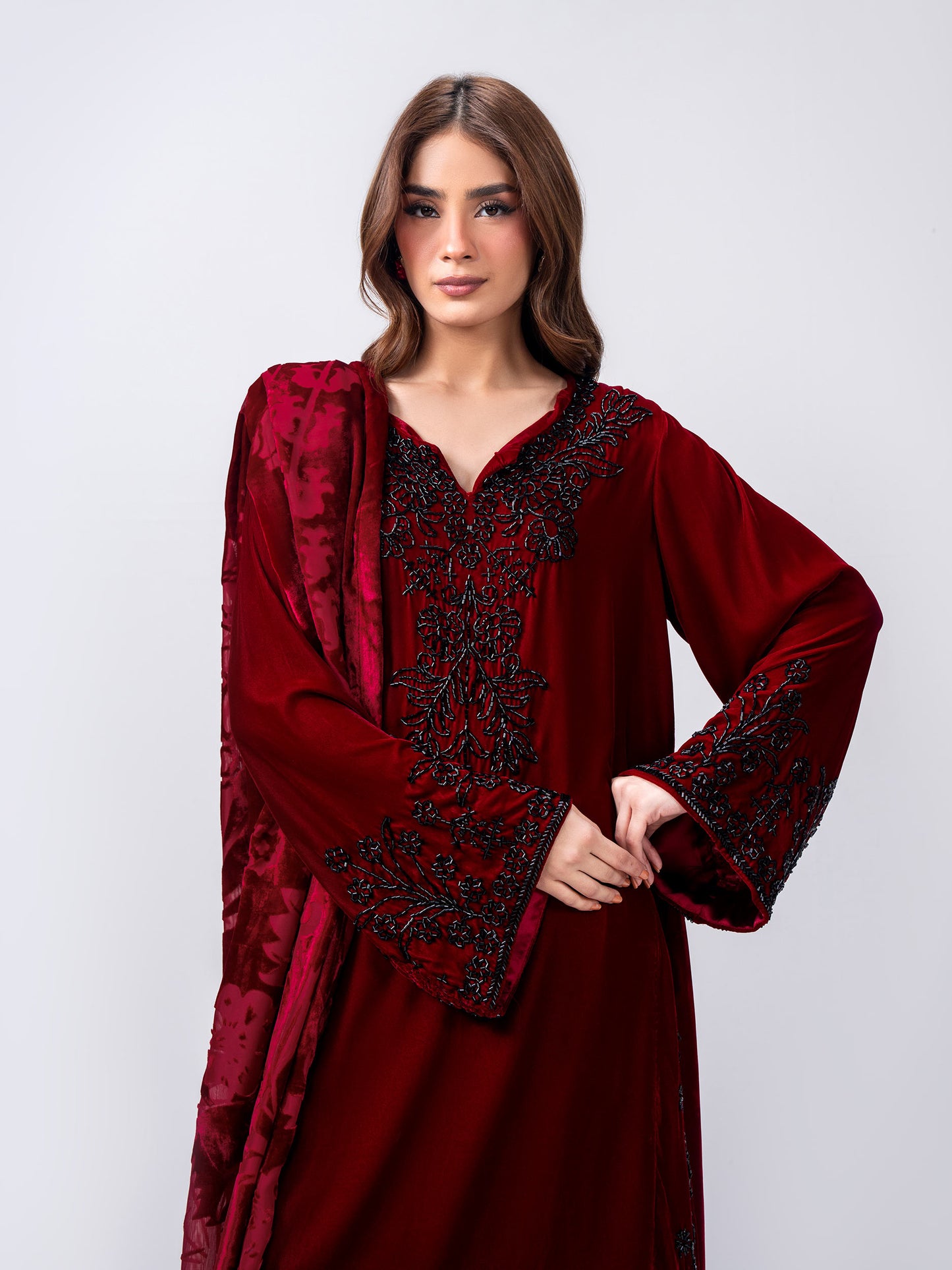 3 Piece Velvet Suit- Embroidered (Pret)