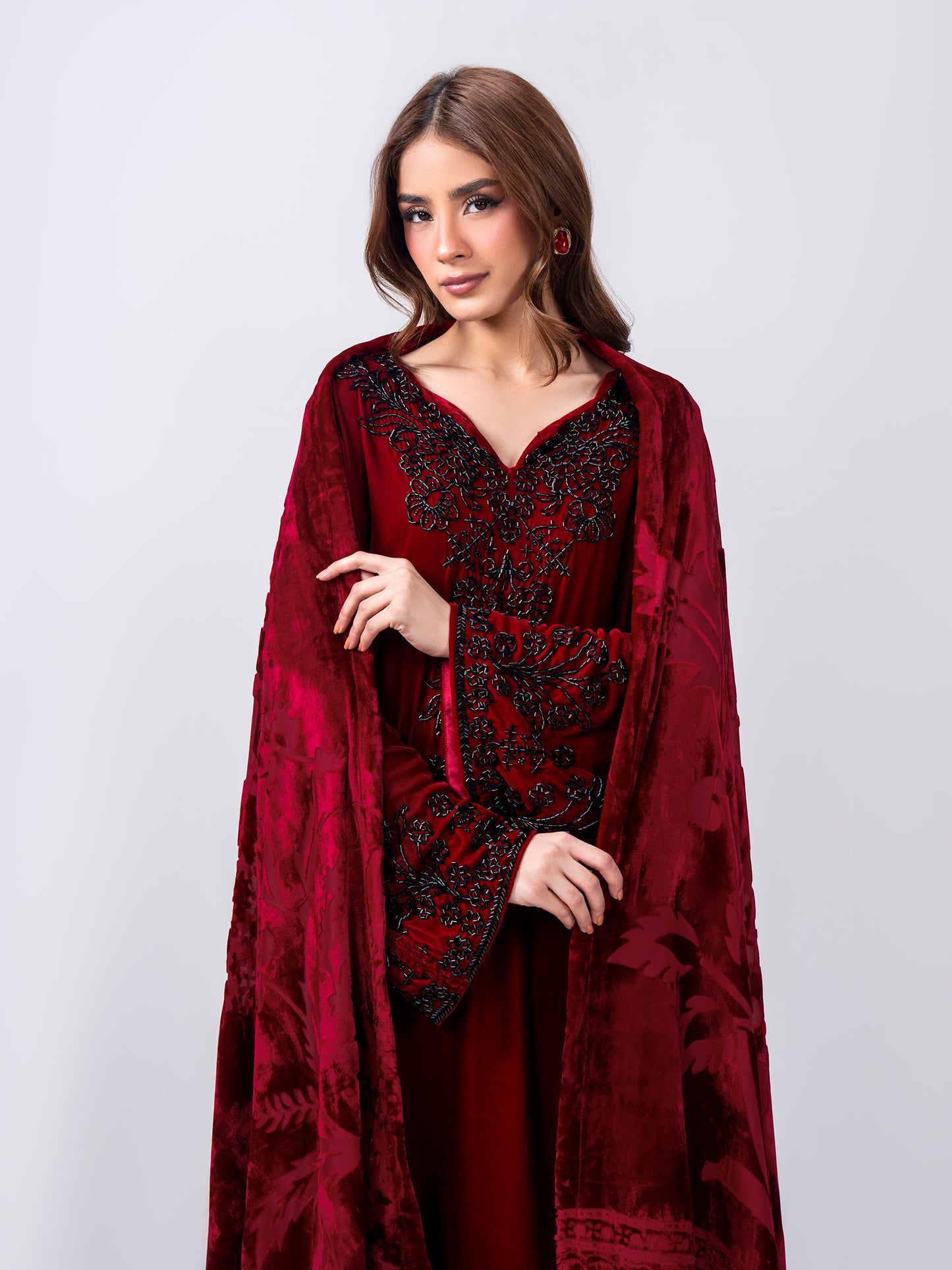 3 Piece Velvet Suit- Embroidered (Pret)