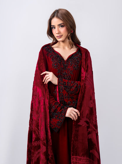 3 Piece Velvet Suit- Embroidered (Pret)