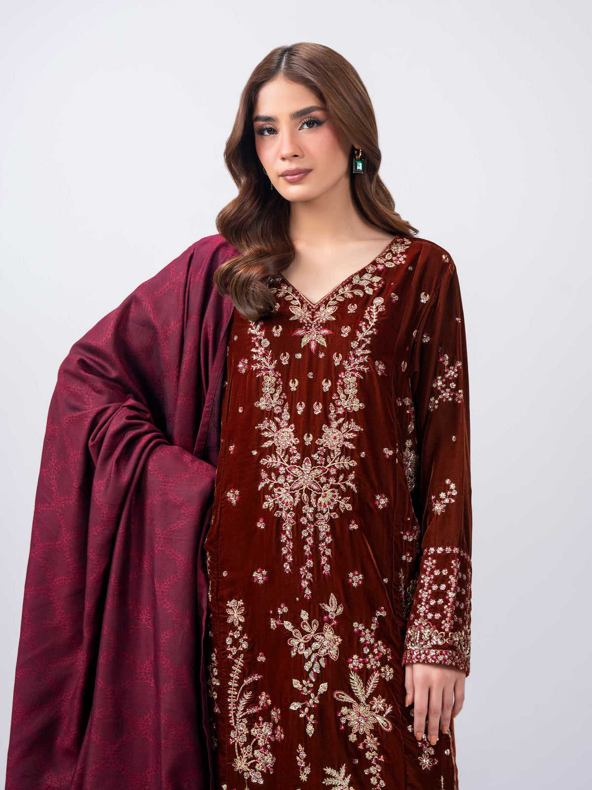 3 Piece Velvet Suit- Embroidered (Pret)