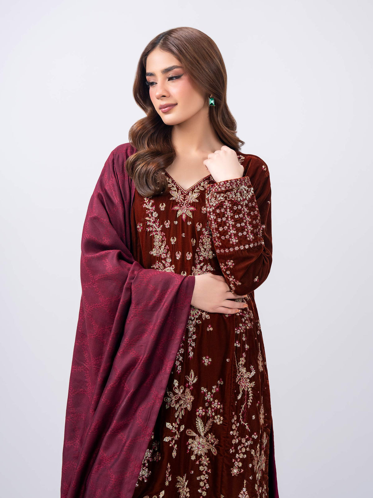 3 Piece Velvet Suit- Embroidered (Pret)