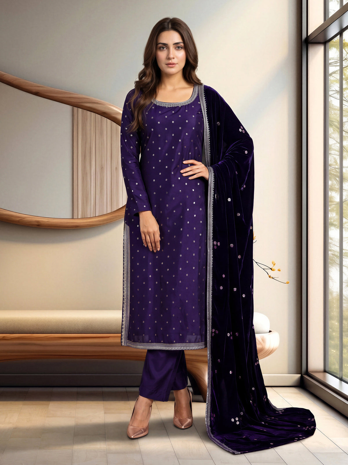 3 Piece Satin Suit- Embroidered (Pret)