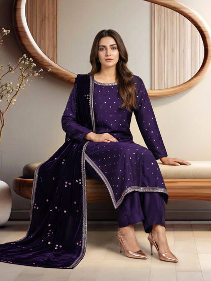 3 Piece Satin Suit- Embroidered (Pret)