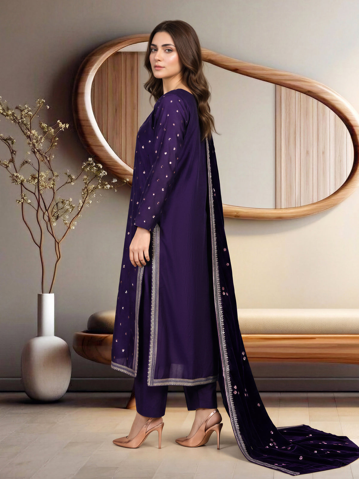 3 Piece Satin Suit- Embroidered (Pret)