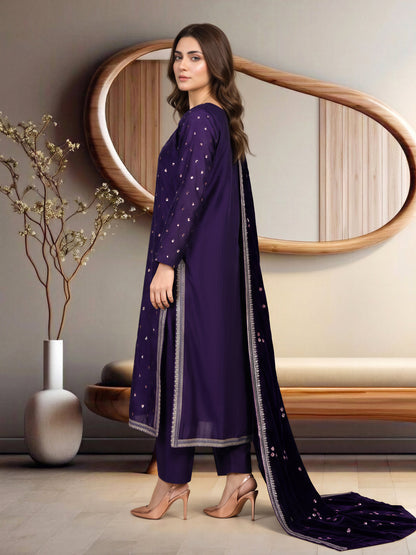 3 Piece Satin Suit- Embroidered (Pret)
