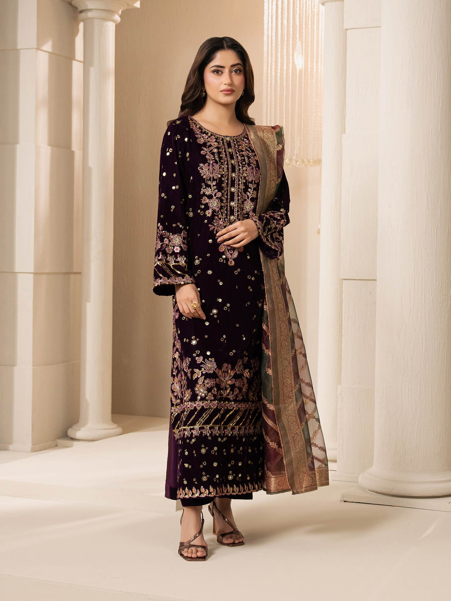3 Piece Velvet Suit-Embroidered (Pret)