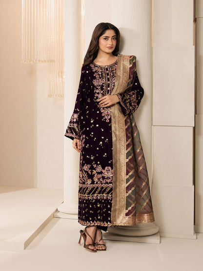 3 Piece Velvet Suit-Embroidered (Pret)