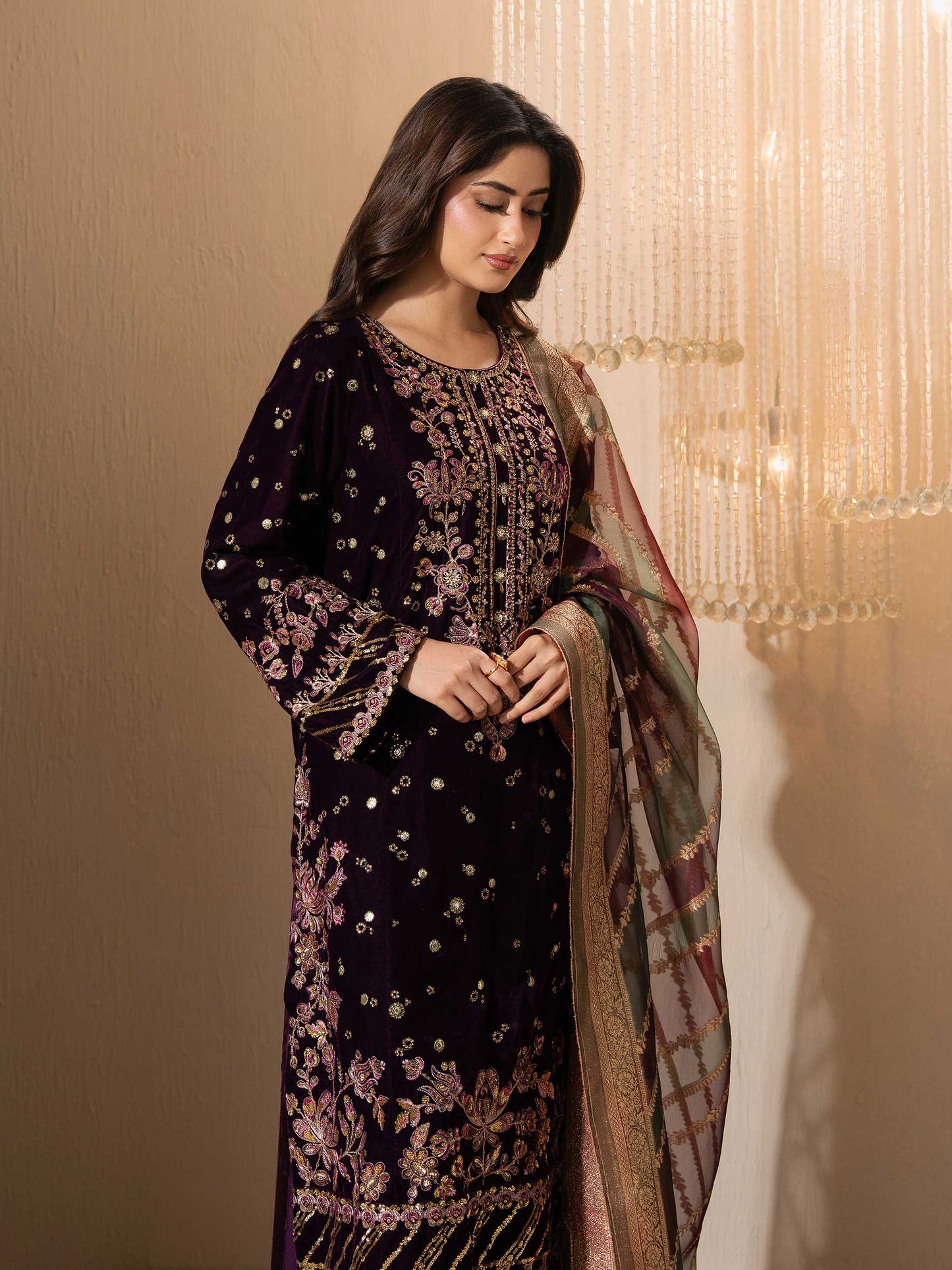 3 Piece Velvet Suit-Embroidered (Pret)