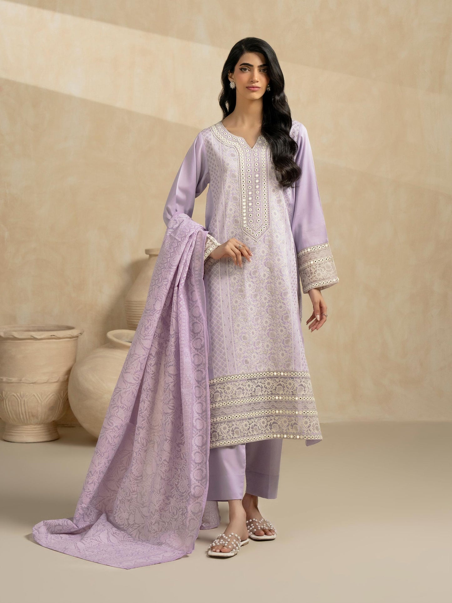 3 Piece Satin Suit-Embroidered (Pret)