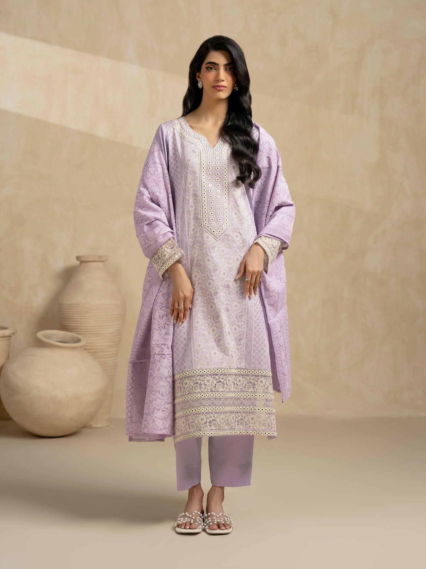 3 Piece Satin Suit-Embroidered (Pret)