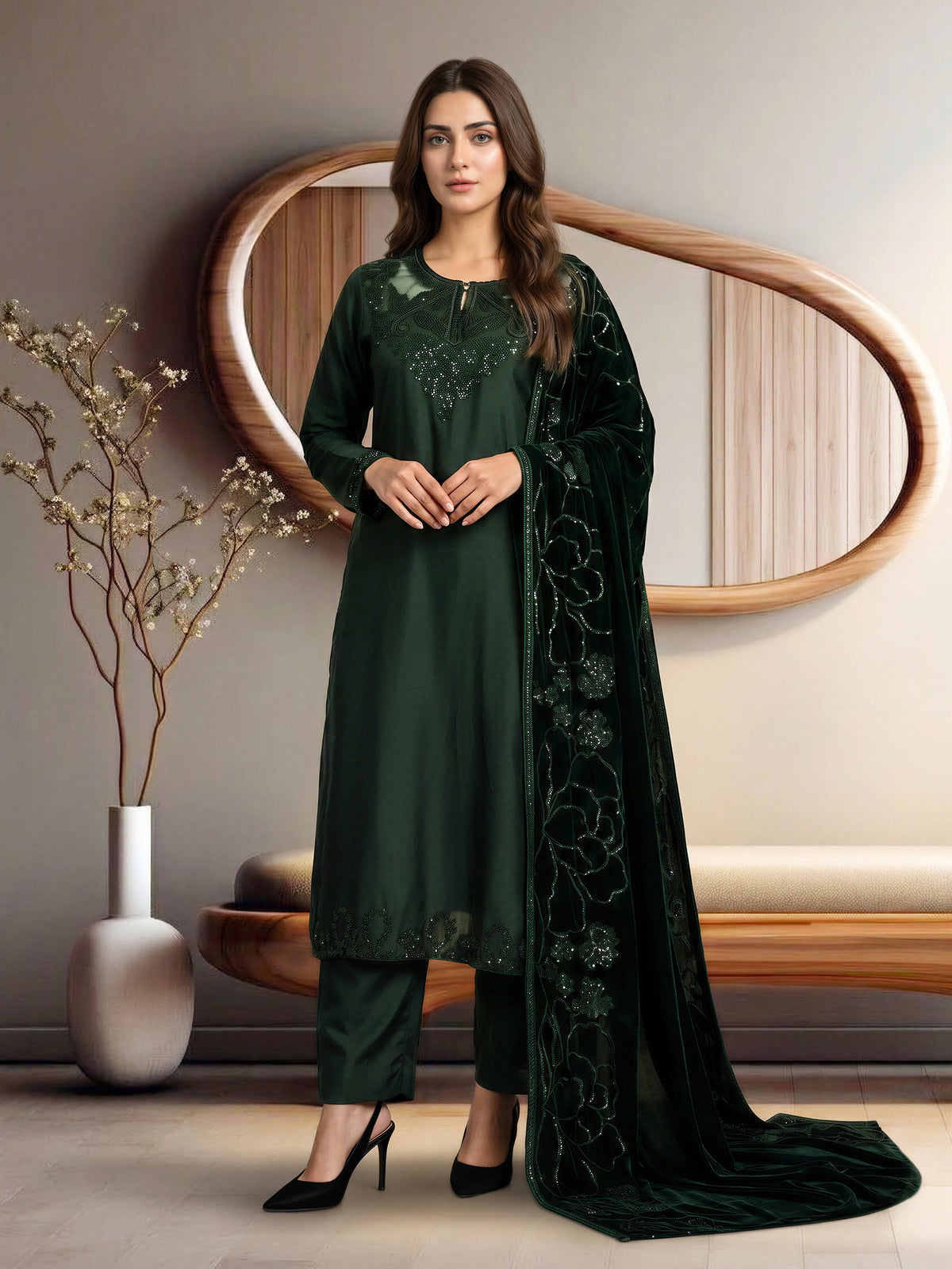 3 Piece Satin Suit- Embroidered (Pret)