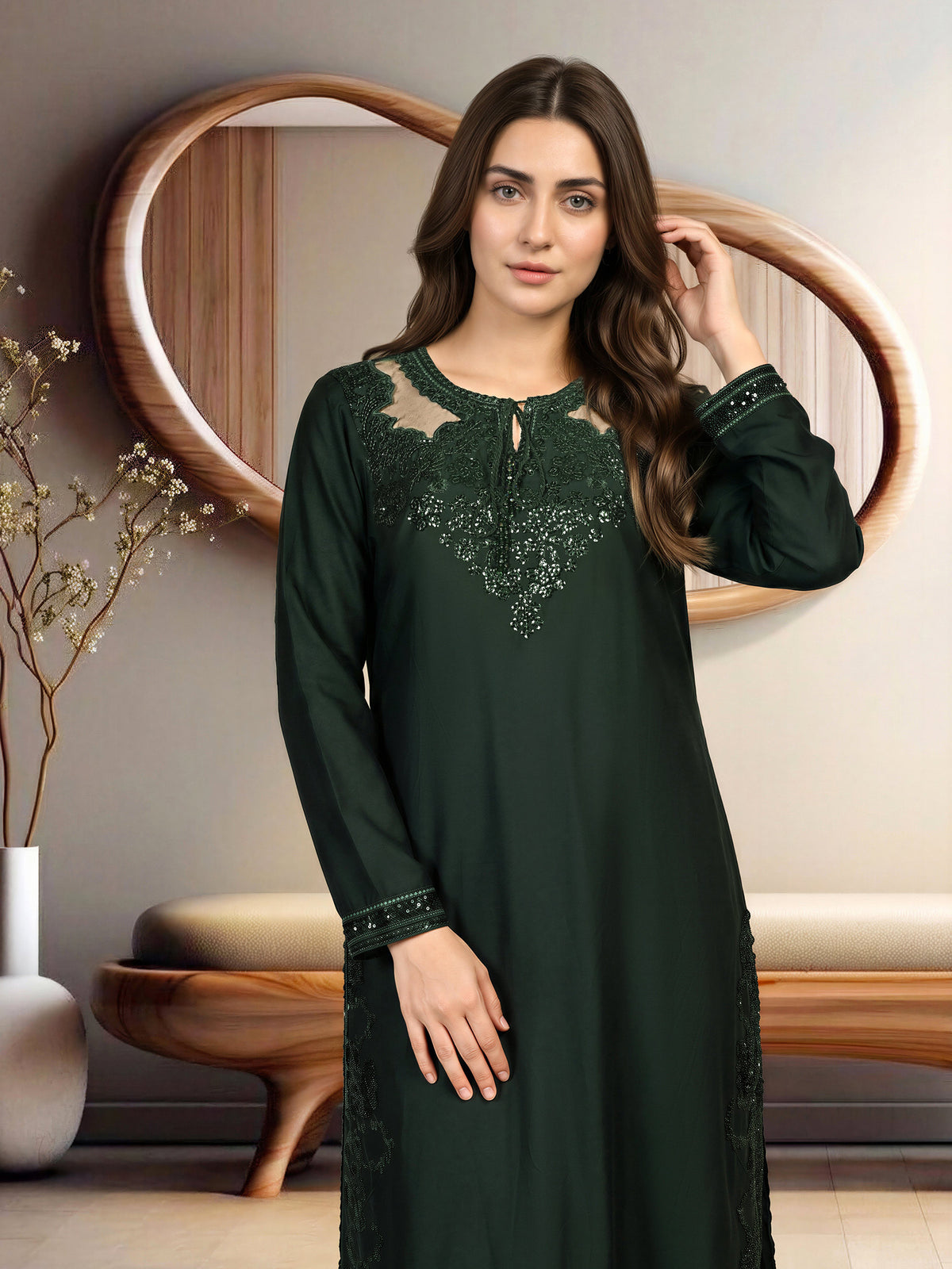 3 Piece Satin Suit- Embroidered (Pret)