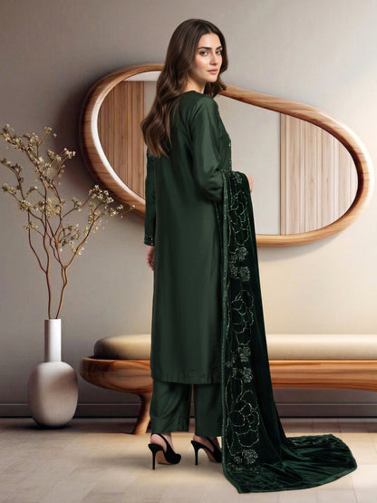 3 Piece Satin Suit- Embroidered (Pret)