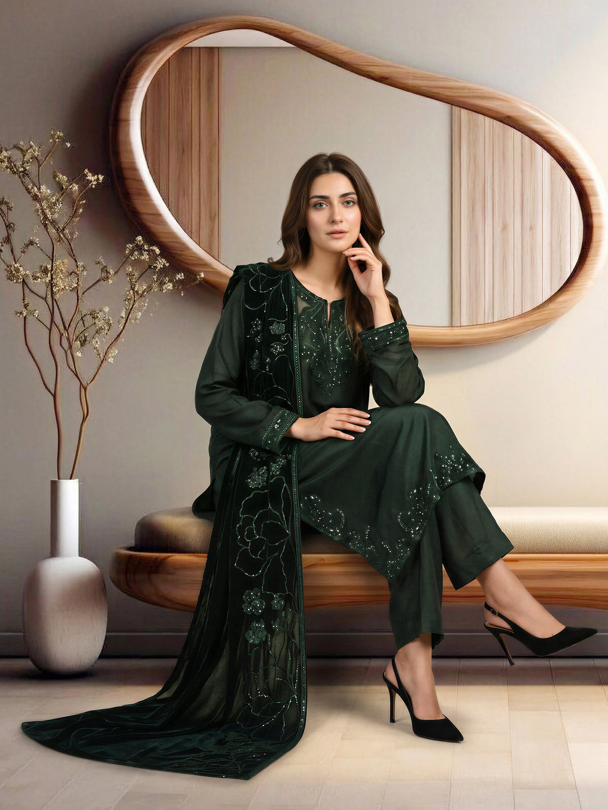 3 Piece Satin Suit- Embroidered (Pret)