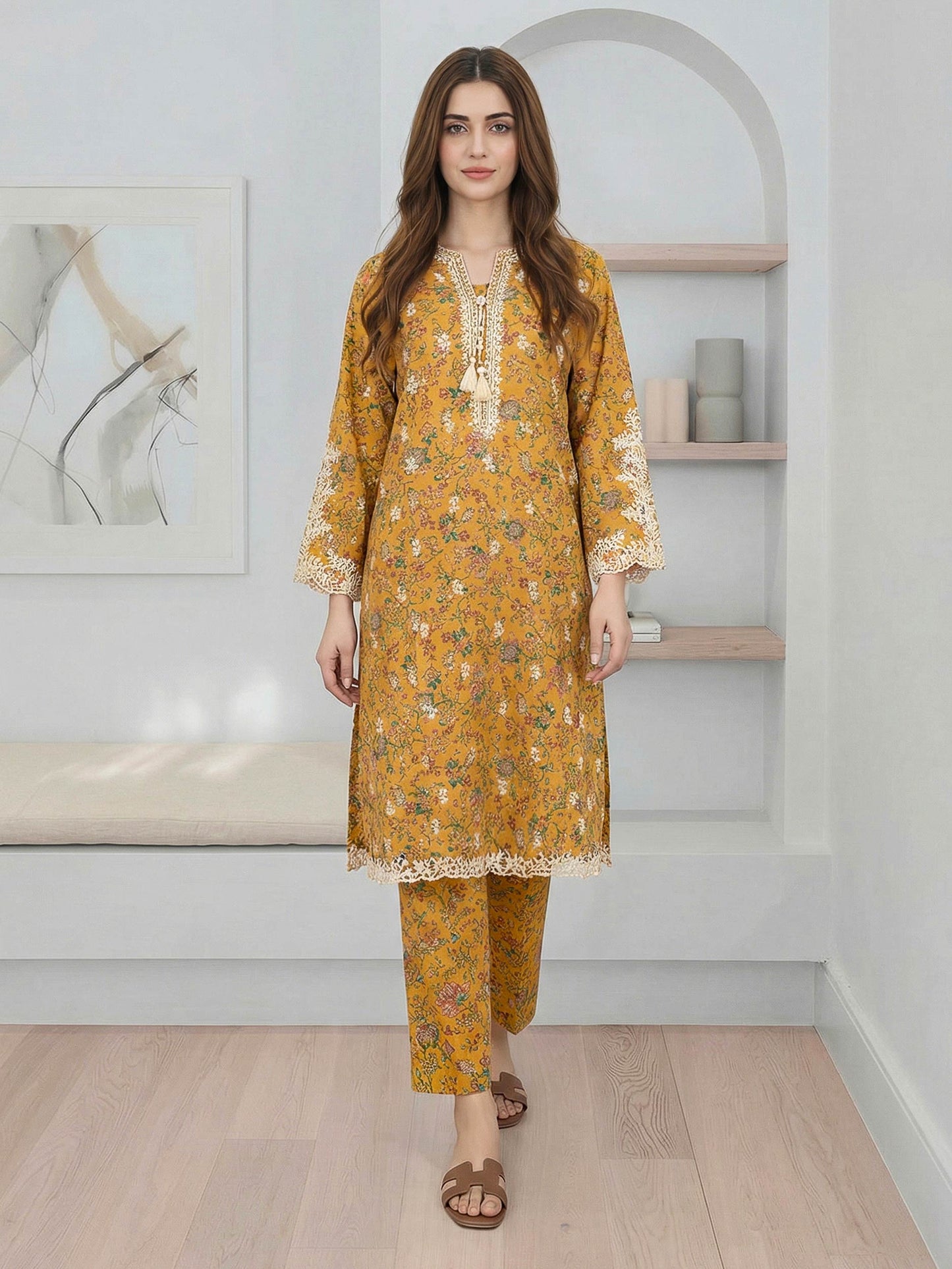 2 Piece Satin Suit- Embroidered (Pret)