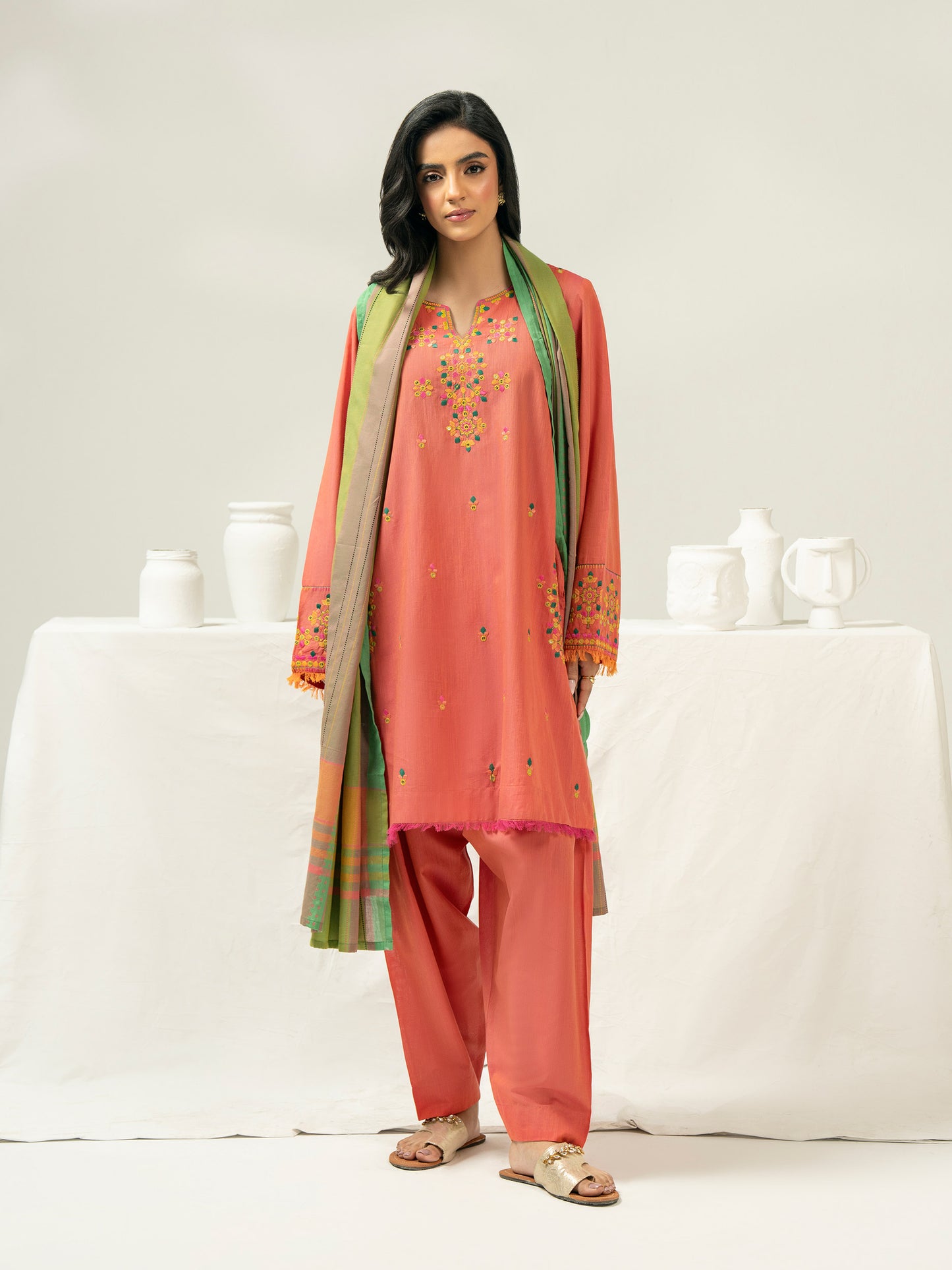 3 Piece Chambray Suit-Embroidered (Pret)