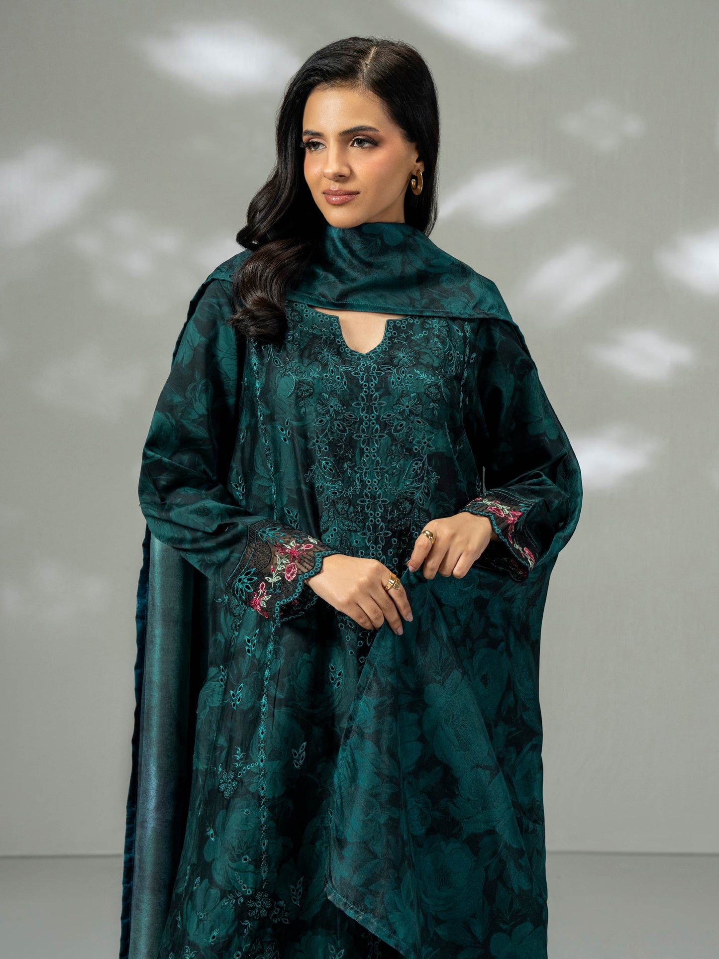 3-Piece Satin Suit- Embroidered (Pret)