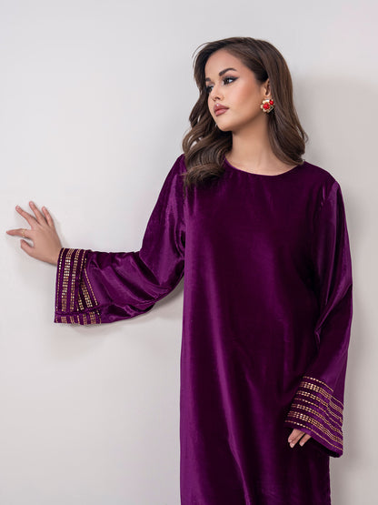 2-Piece Velvet Suit- Embroidered (Pret)
