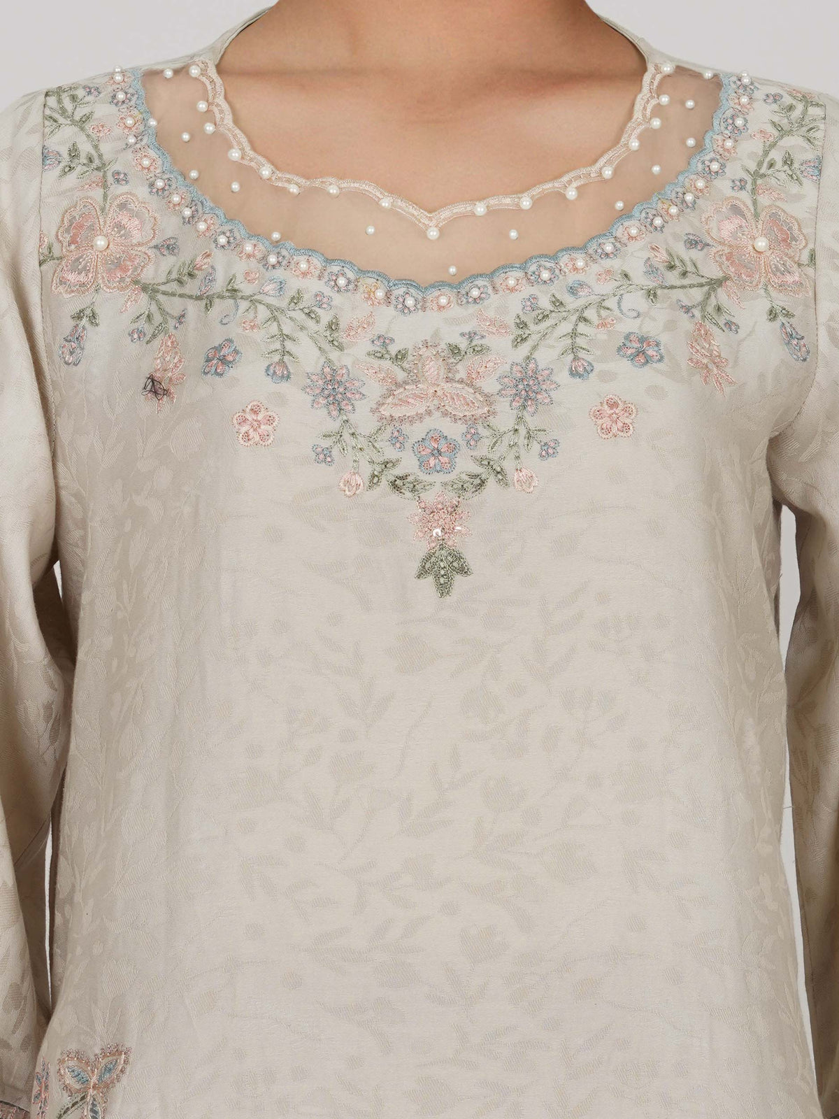 2 Piece Self Jacquard Suit- Embroidered (Pret)