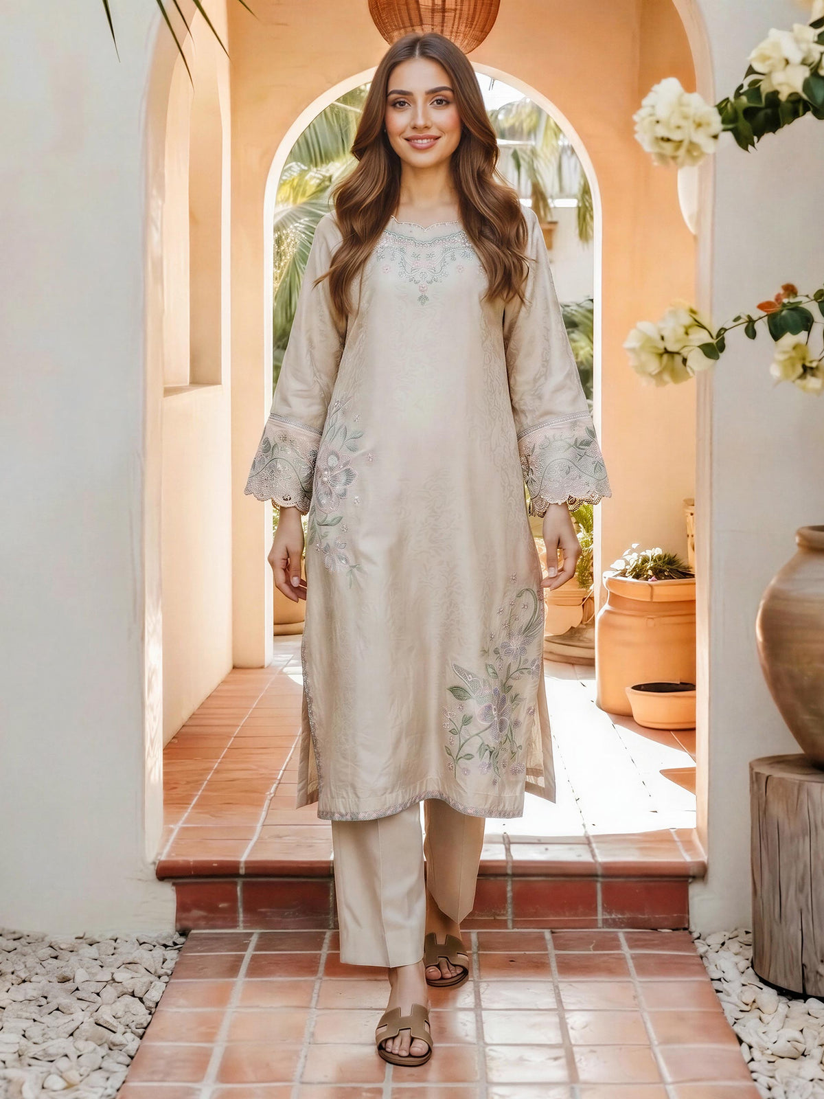 2 Piece Self Jacquard Suit- Embroidered (Pret)
