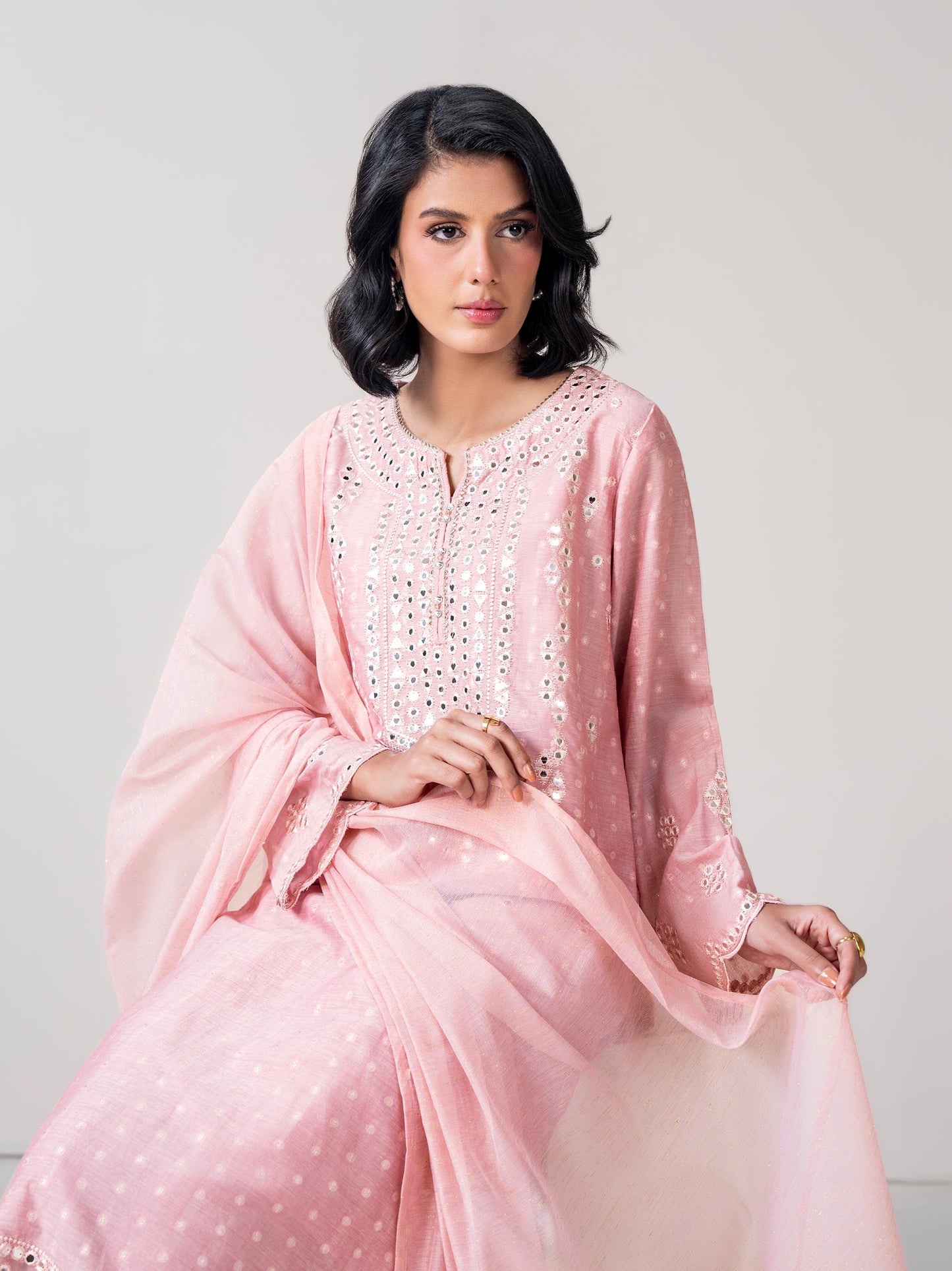 3 Piece Jacquard Suit- Embroidered (Pret)