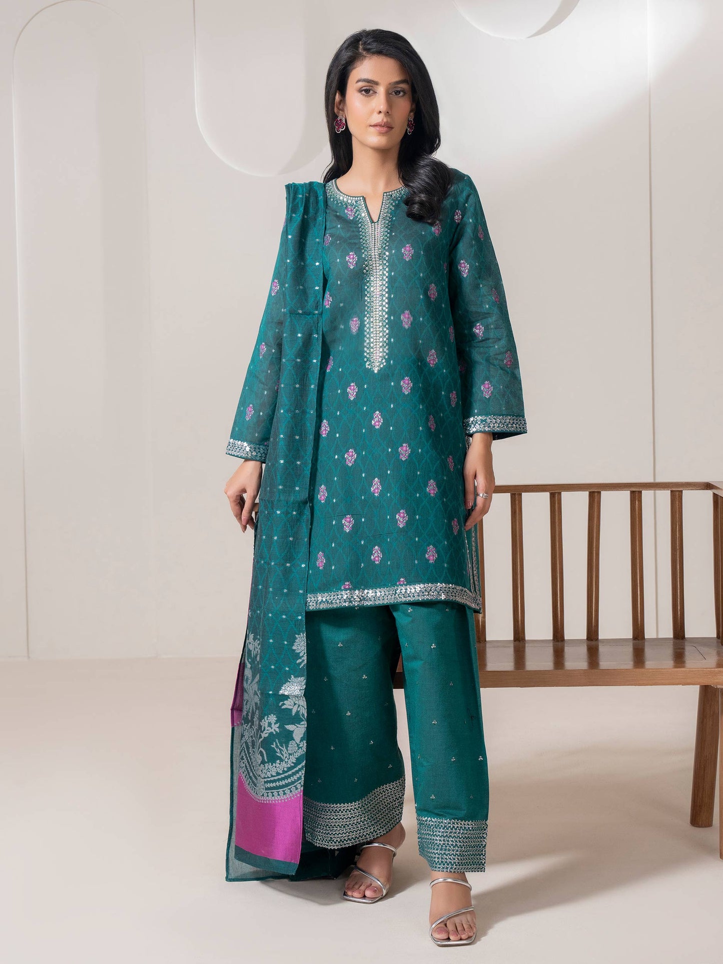 3 Piece Jacquard Suit-Embroidered (Pret)