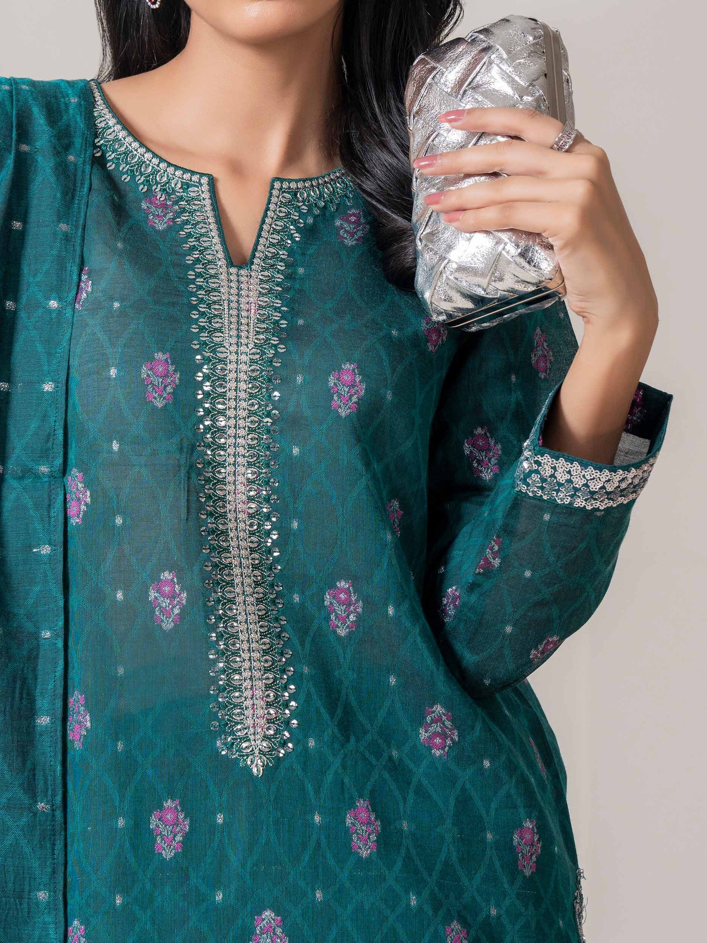 3 Piece Jacquard Suit-Embroidered (Pret)