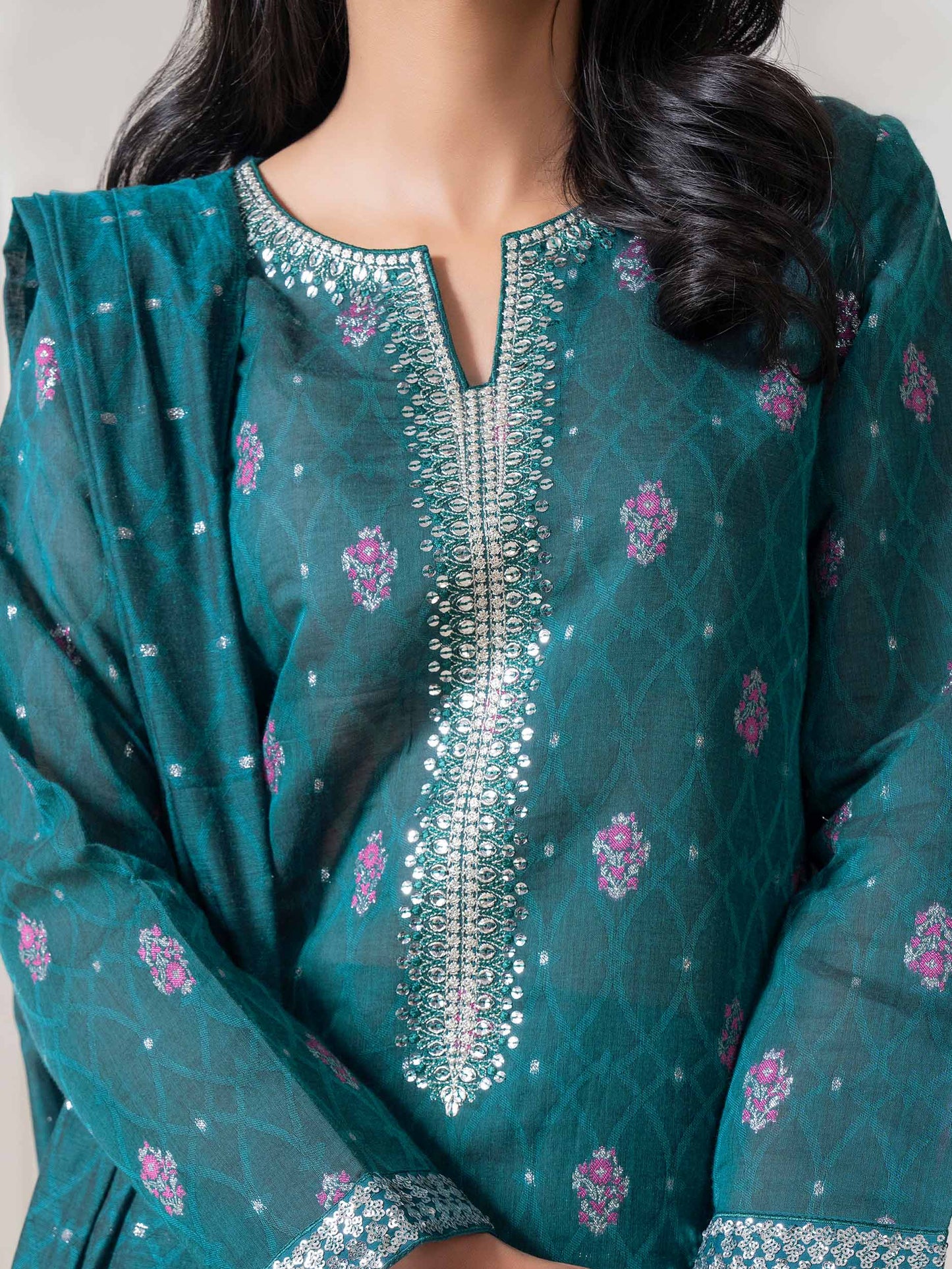 3 Piece Jacquard Suit-Embroidered (Pret)