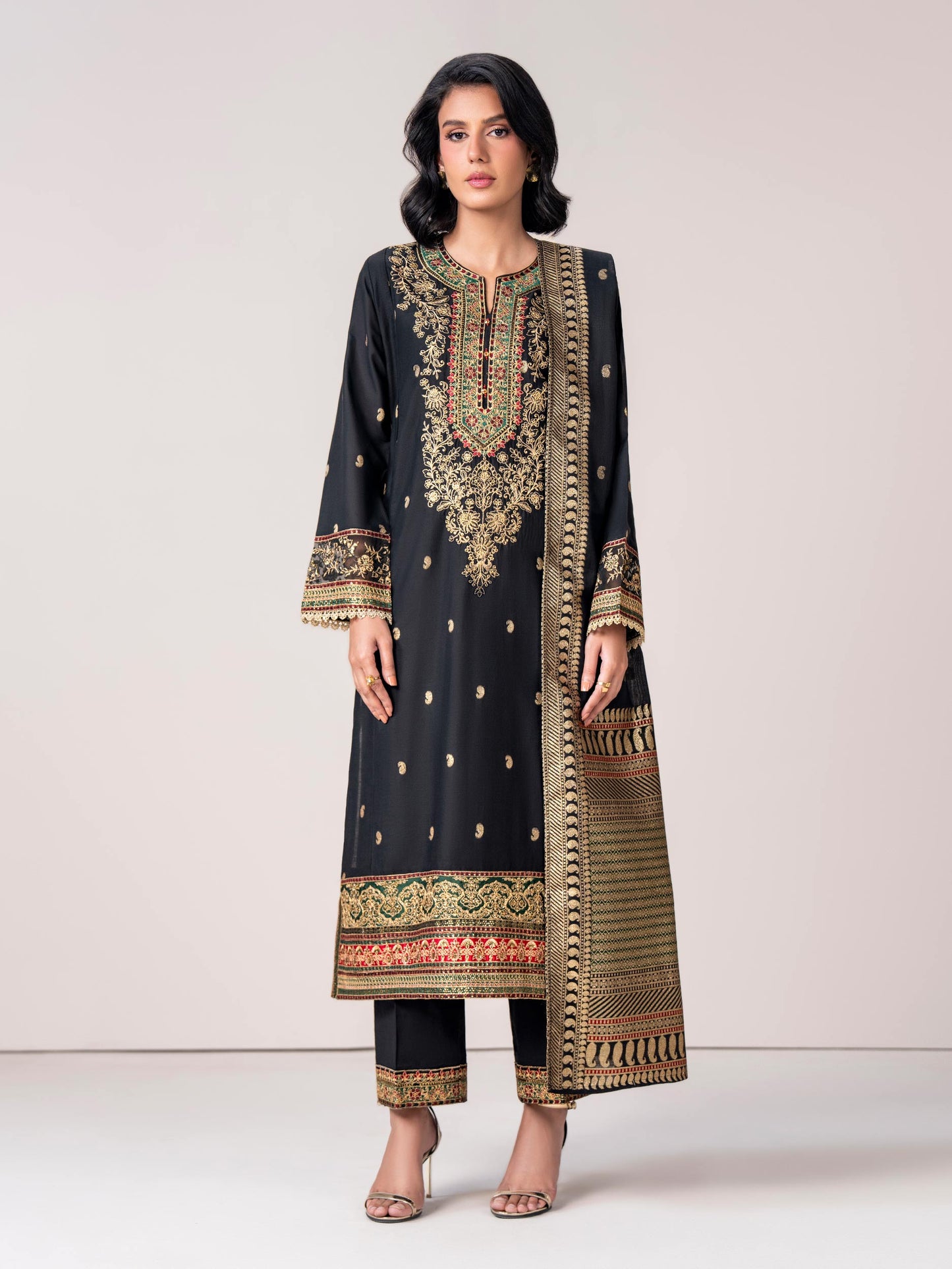 3 Piece Jacquard Suit- Embroidered (Pret)