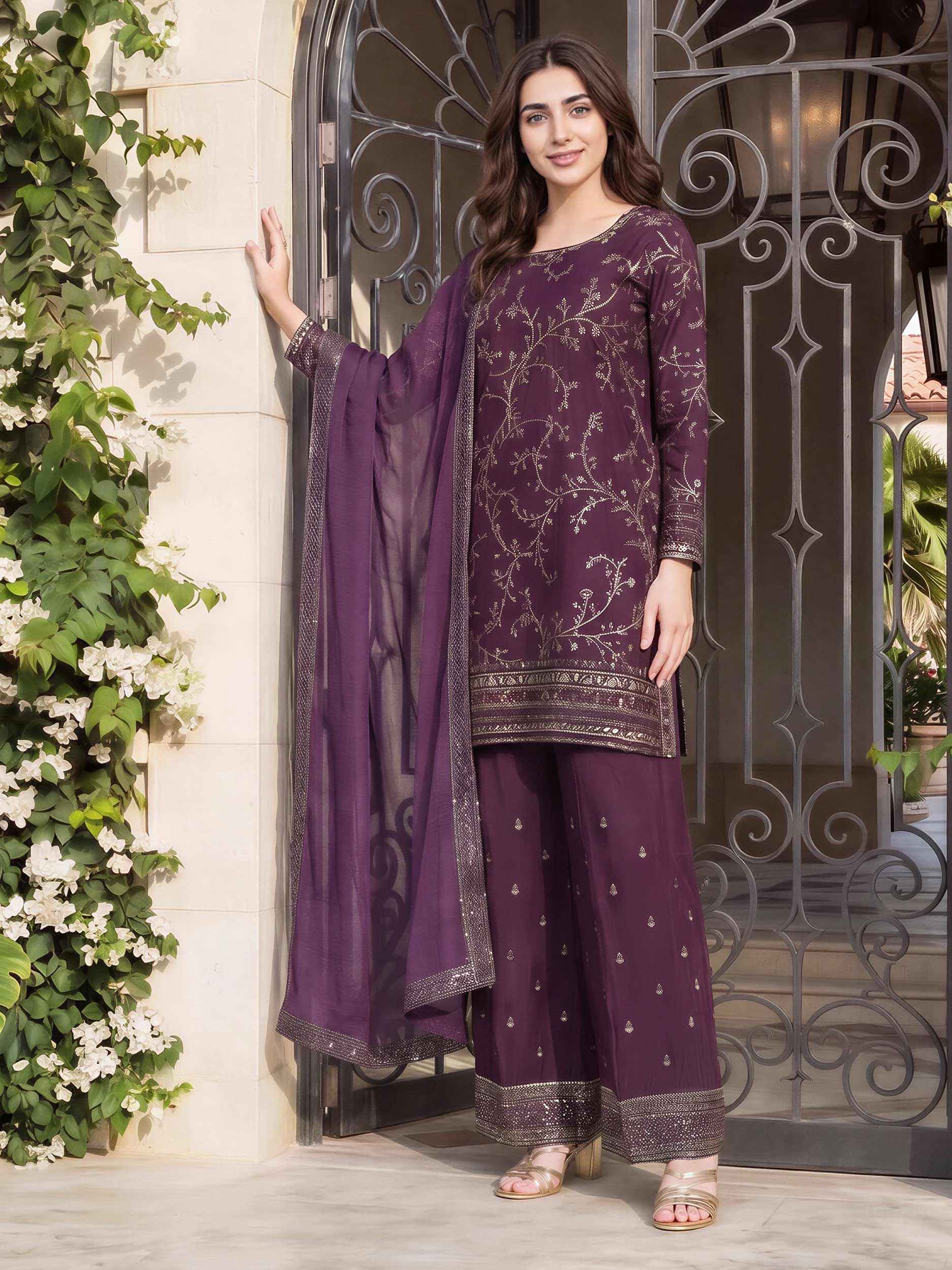3 Piece Raw Silk Suit- Embroidered (Pret)