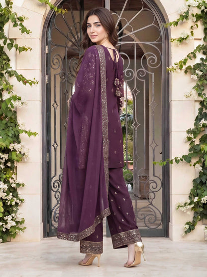 3 Piece Raw Silk Suit- Embroidered (Pret)