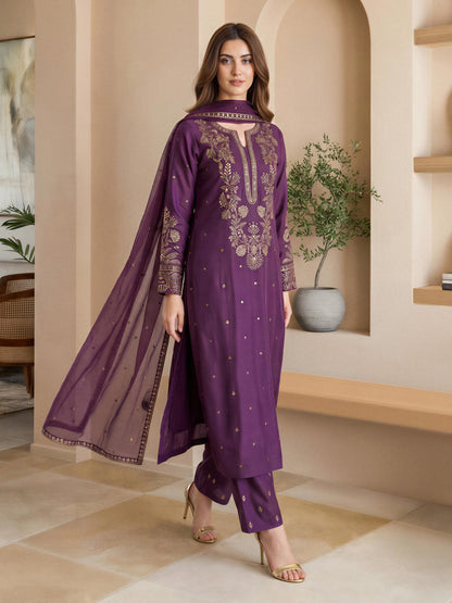 3 Piece Raw Silk Suit- Embroidered (Pret)